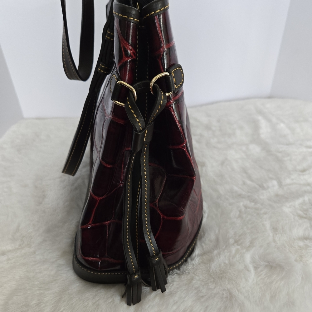 Dooney & Bourke Burgundy Croc Embossed Leather Double Strap Tassel Bag - Picture 9 of 12